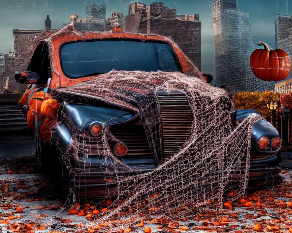Rusted car with spider webs, pumpkins, and autumn leaves against urban skyline