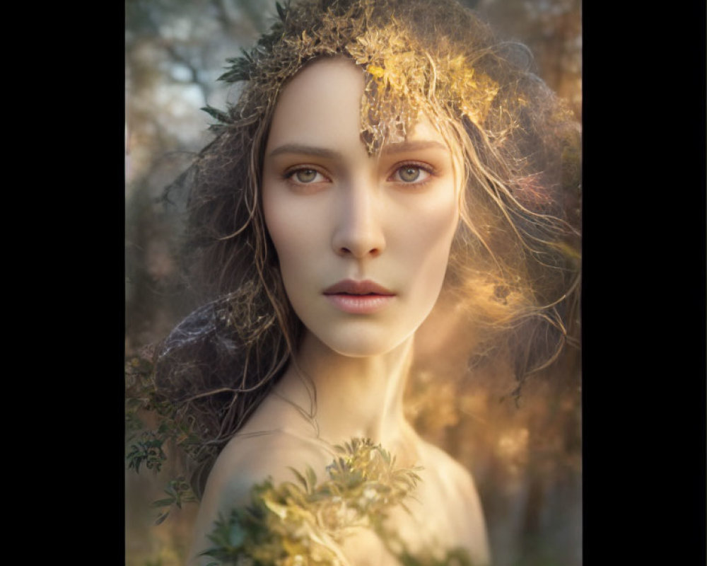 Woman with leaf crown in serene nature setting under soft sunlight