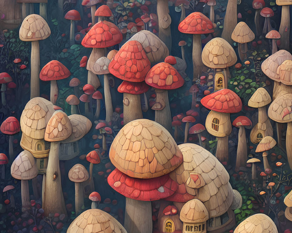 Whimsical mushroom houses in enchanted forest landscape