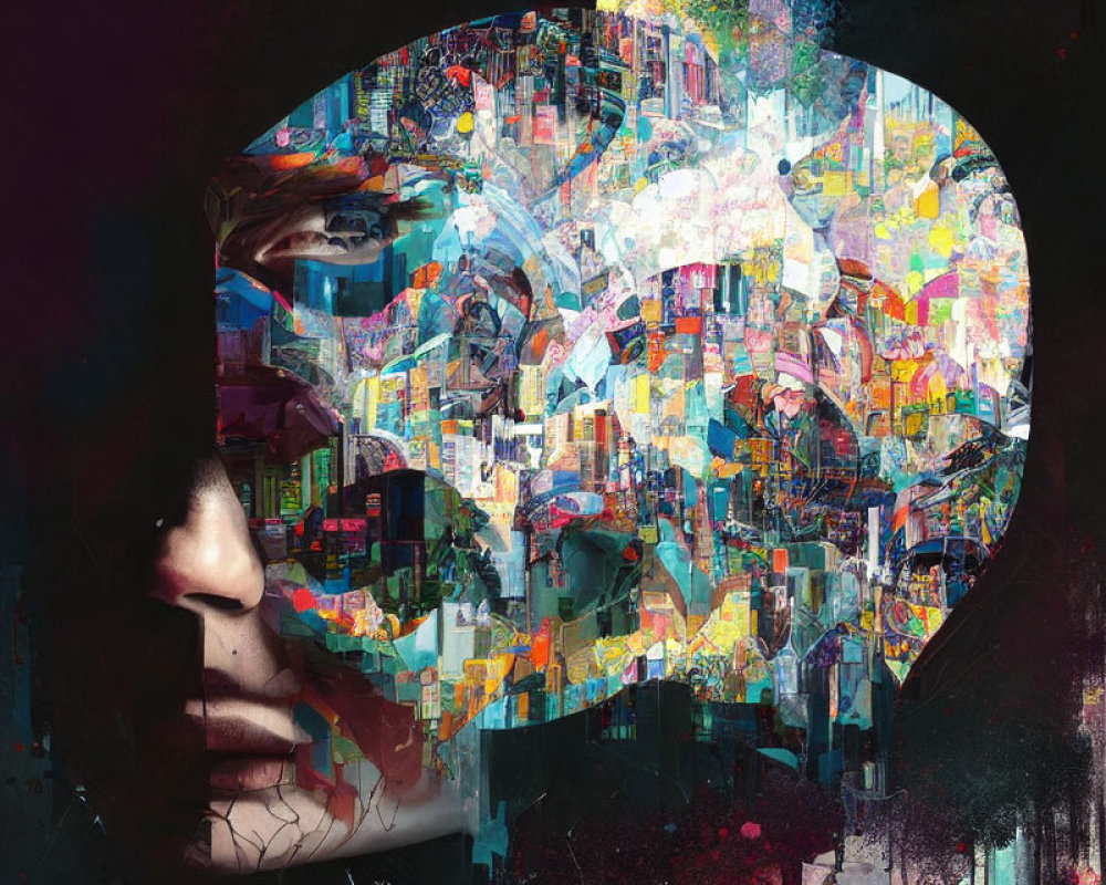 Colorful urban landscape collage in silhouette of face with abstract elements.