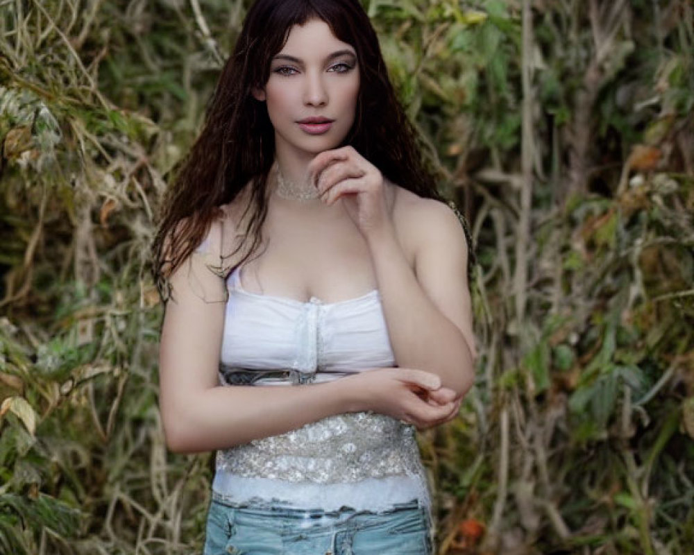 Long-haired woman in white crop top and jeans amidst greenery.