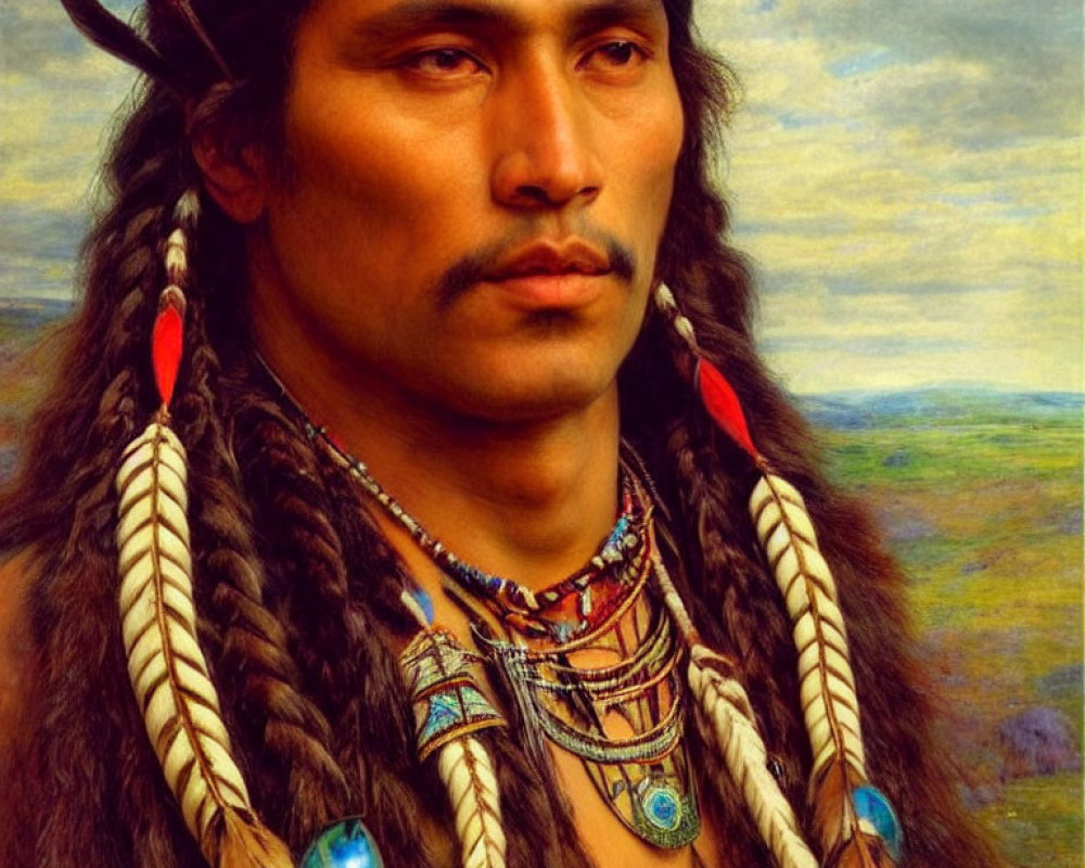 Native American man in traditional attire with braided hair against landscape.