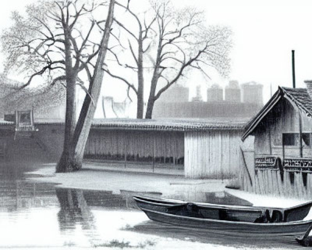 Monochrome river landscape with rowboat, trees, and waterside house