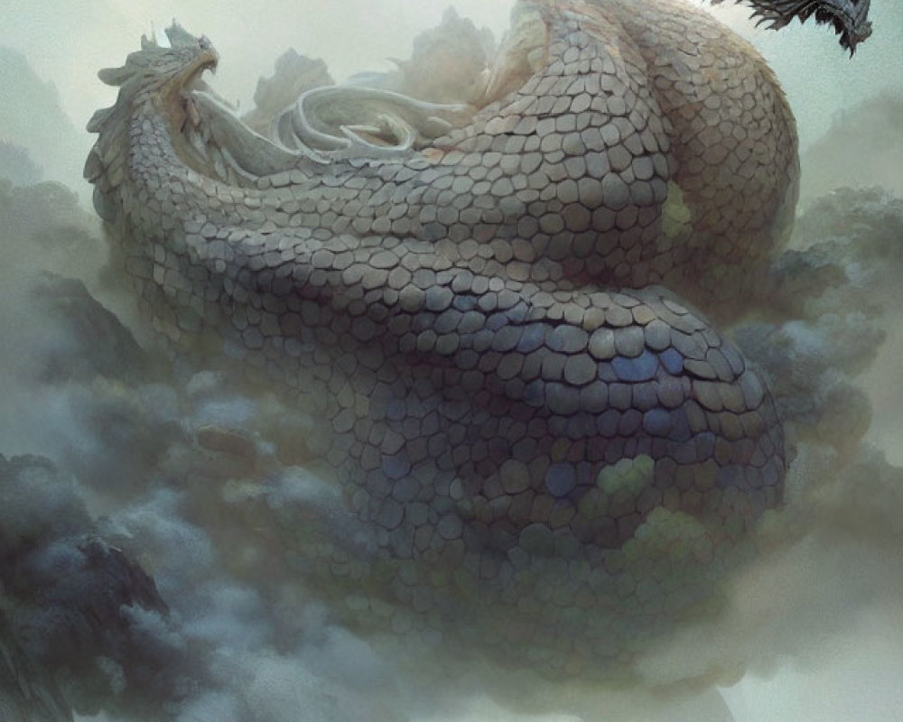 Serpentine dragons in swirling clouds with intricate scales
