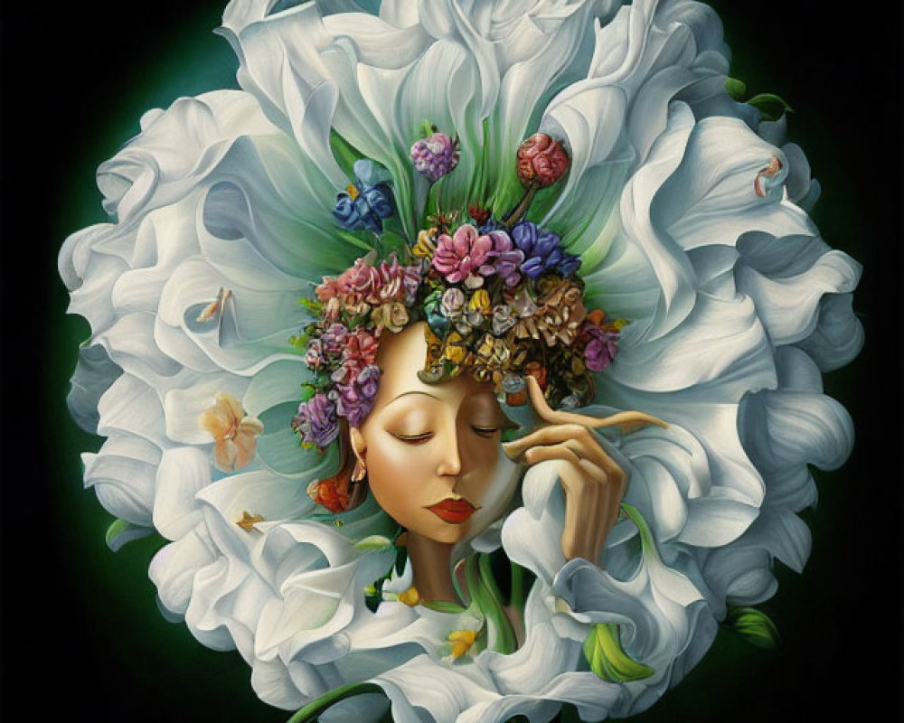 Surreal painting of woman's face merging with blooming flower