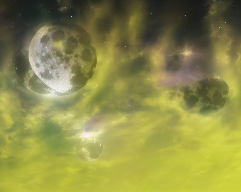 Multiple Moons in Cosmic Sky with Nebulous Green and Yellow Background
