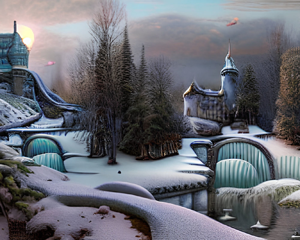 Fantasy winter landscape with castle, frozen waterfalls, stone bridge, and setting sun.