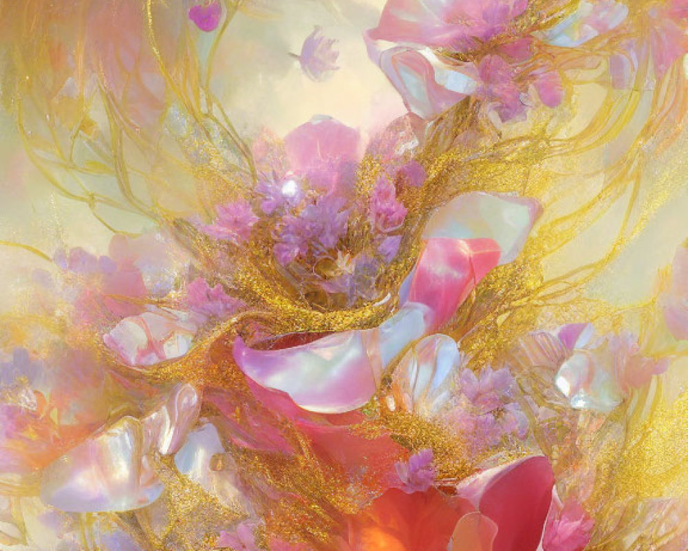 Ethereal artwork with gold and pink blooms on pastel background