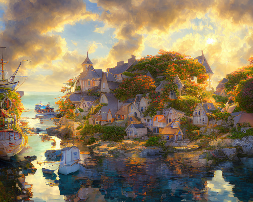 Tranquil seaside village with quaint houses, boats, and golden sunset
