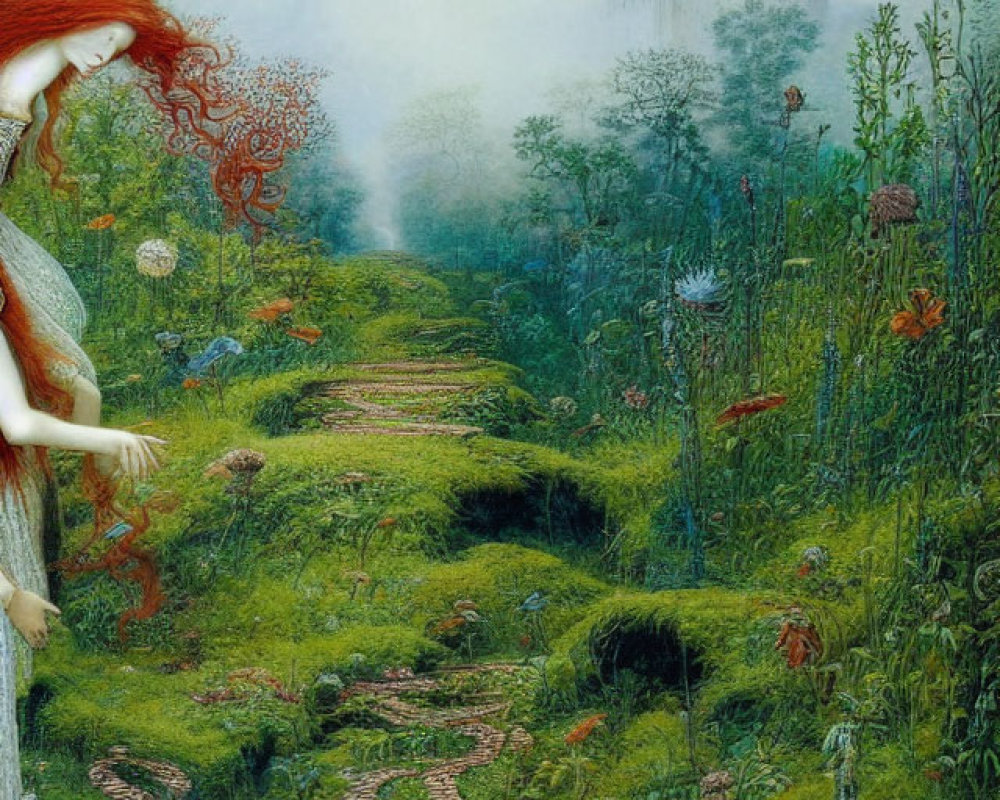 Illustration of red-haired woman in green forest with castle and vibrant wildlife.