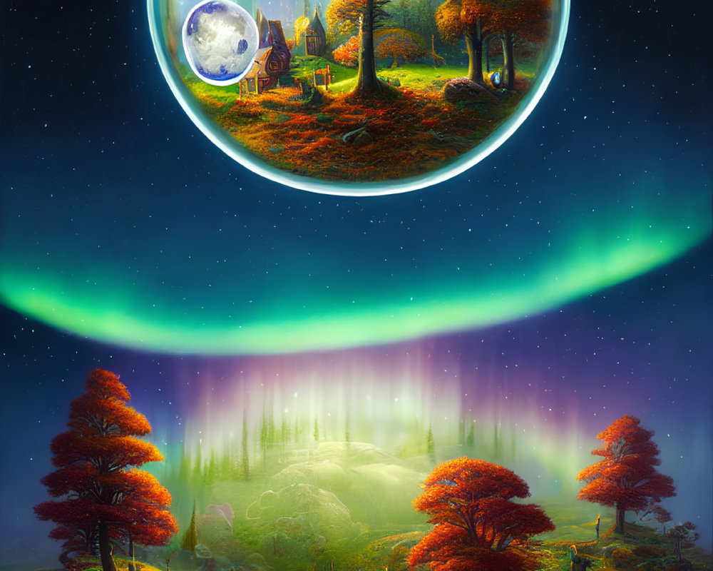 Fantasy landscape with floating island, giant moon, and autumn trees