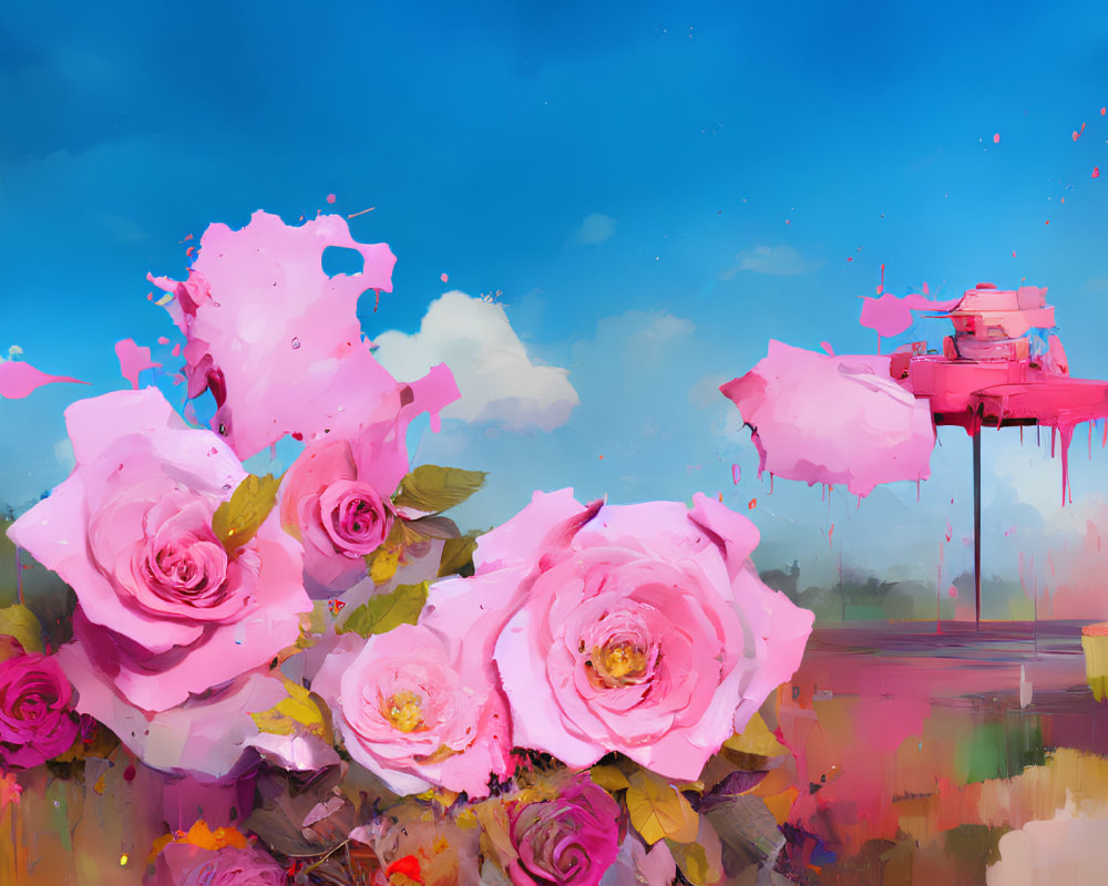 Colorful digital artwork featuring pink roses and paint splatters on abstract landscape.