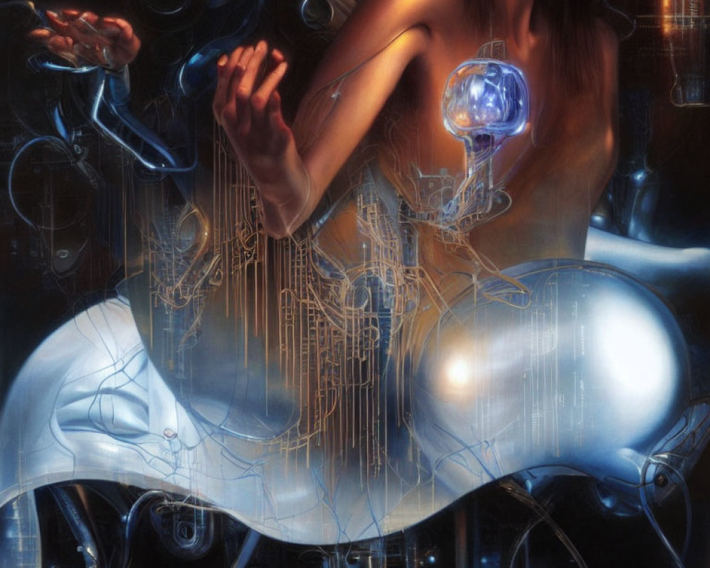 Surreal illustration: woman fused with futuristic machinery and glowing orb.