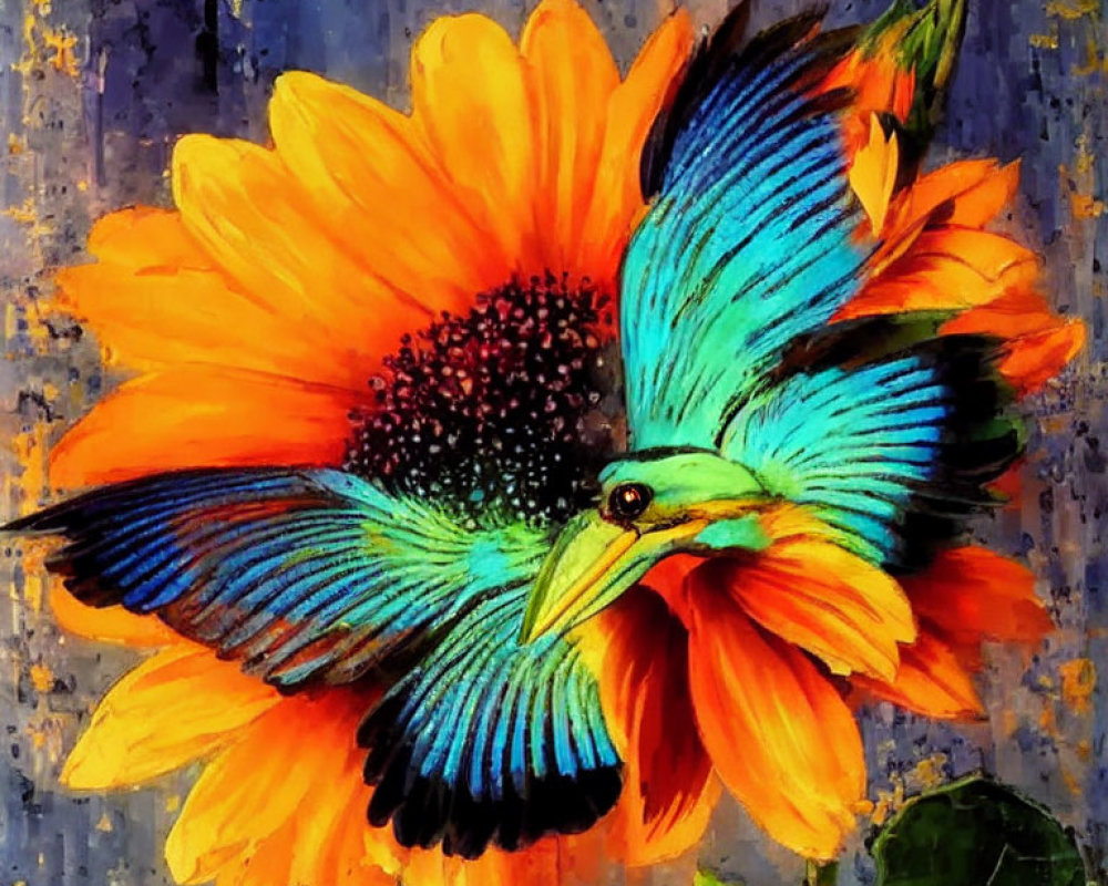 Colorful Bird and Sunflower Painting on Textured Blue Background