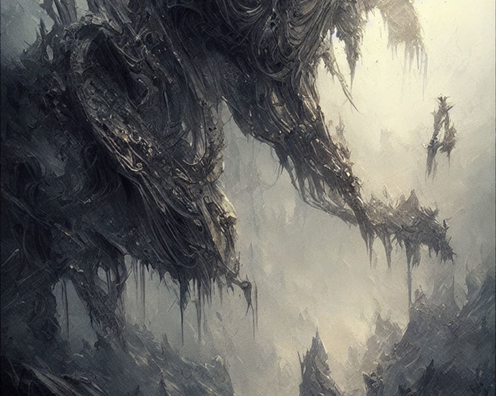 Dark fantasy landscape with twisted organic structures in misty atmosphere