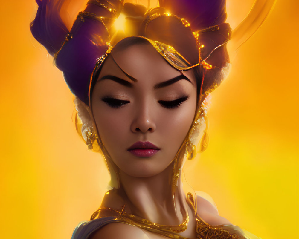 Elegant woman portrait with gold jewelry and headdress in warm light