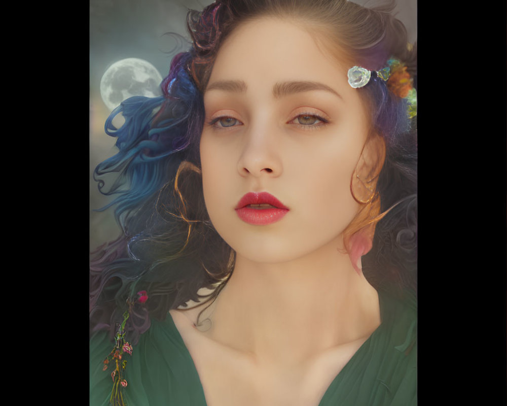 Digital art portrait of woman with multi-colored hair and floral adornment in misty moonlit setting