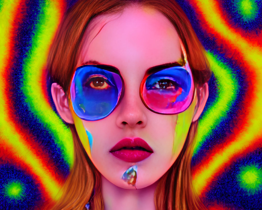 Colorful Psychedelic Patterns Woman with Reflective Round Sunglasses