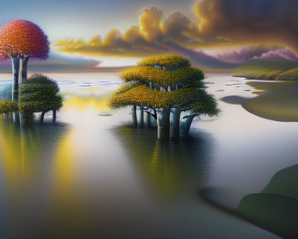 Vibrantly colored trees on islands in surreal landscape at twilight