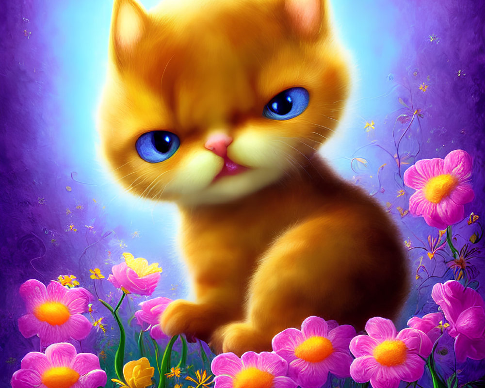 Orange kitten with blue eyes in pink and yellow flowers on purple background