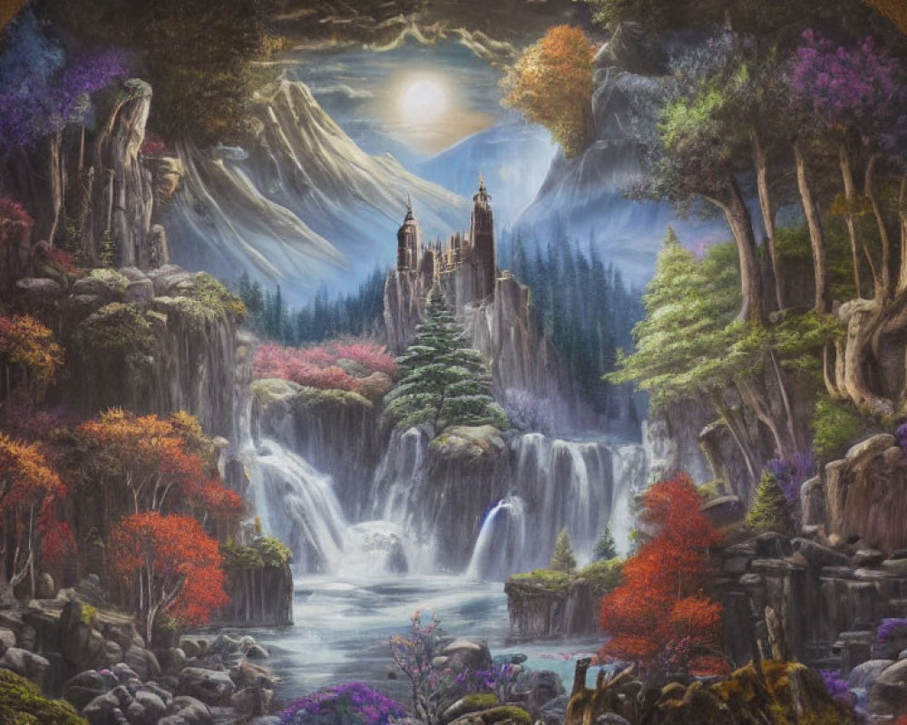 Serene landscape with waterfalls, river, colorful trees, mountains, and castle under moonlit sky