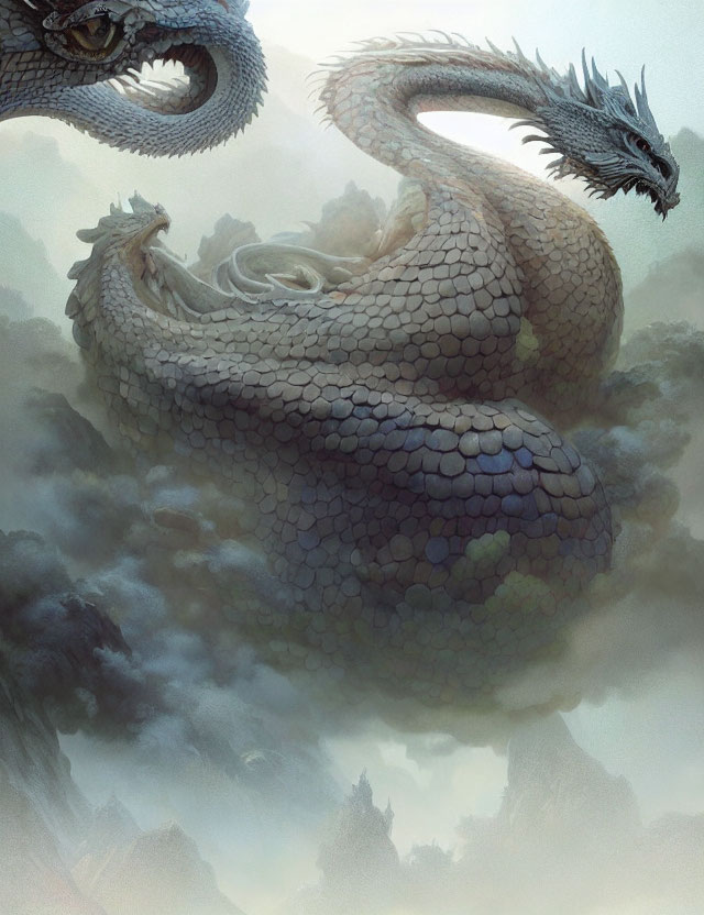 Serpentine dragons in swirling clouds with intricate scales