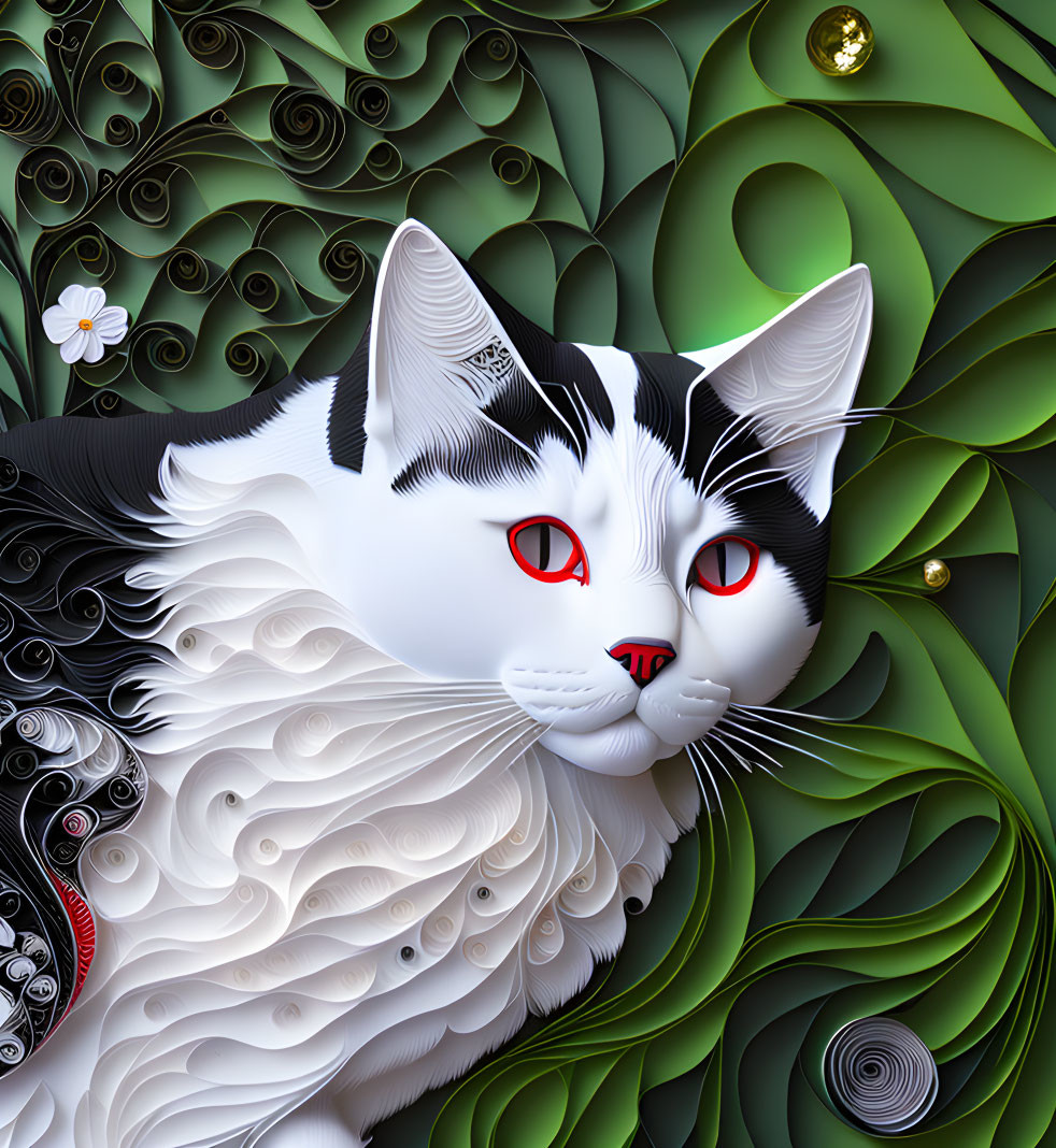 Stylized black and white cat with red eyes in intricate paper art against green floral background