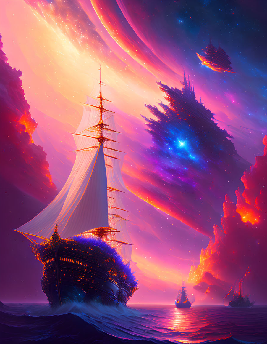 Fantasy scene: Ships sailing on cosmic ocean waves under vibrant pink and purple sky