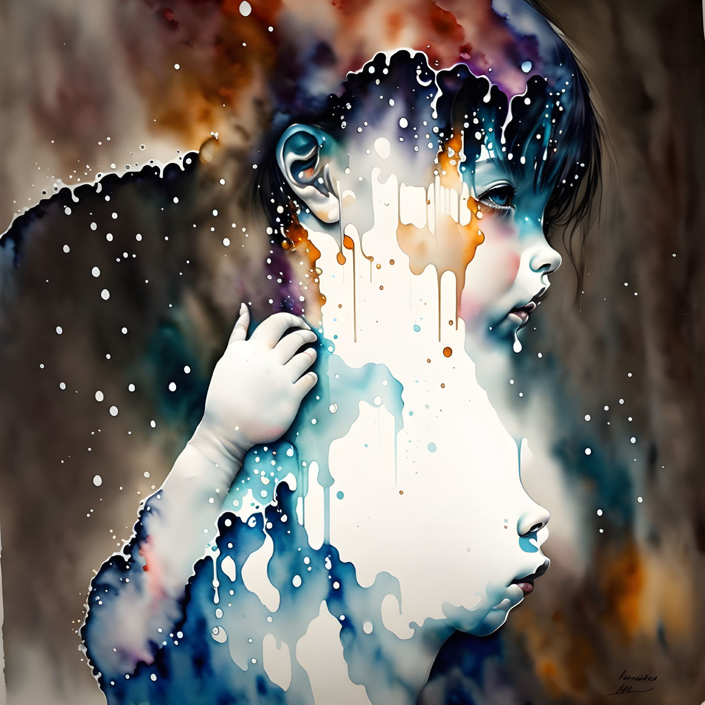 Colorful digital artwork: Girl with melting effects, abstract-realistic blend on speckled background