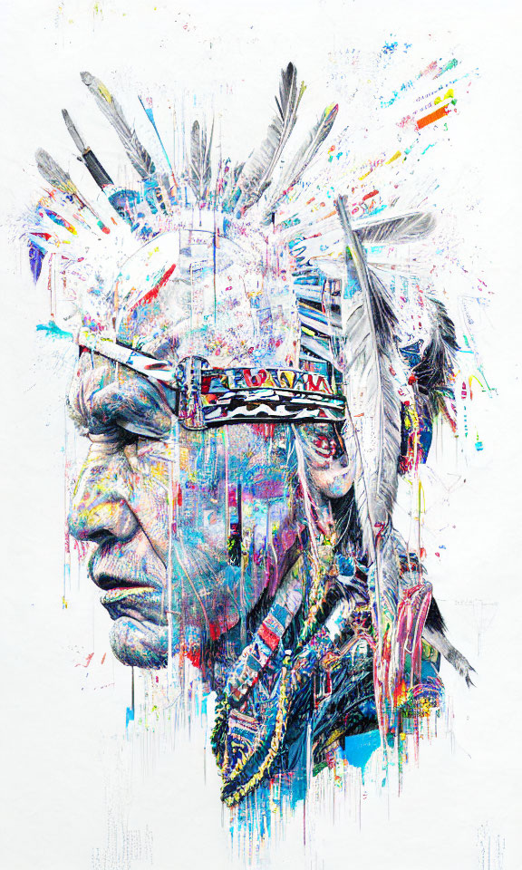 Colorful abstract portrait with Native American headdress on white background