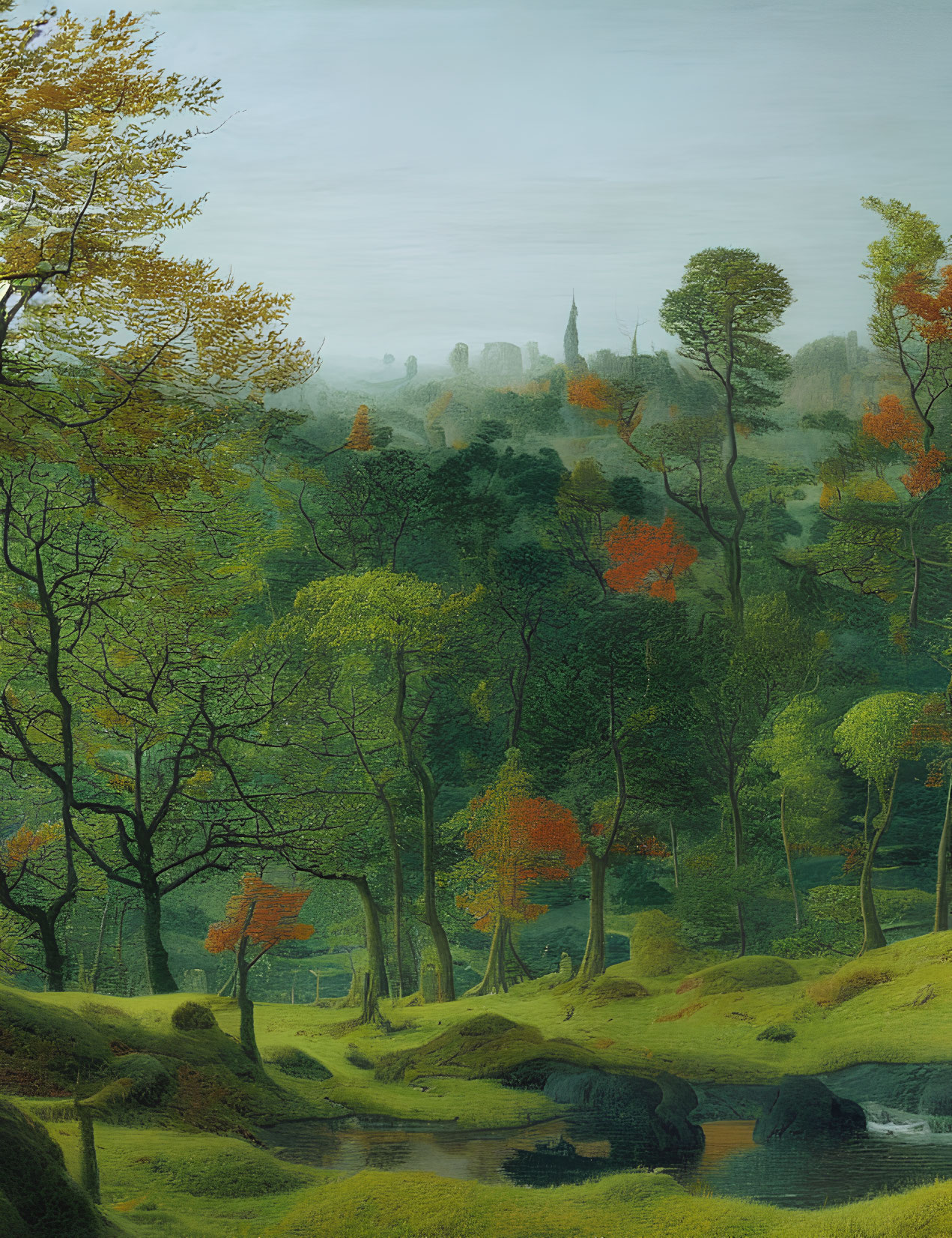 Tranquil landscape painting with lush greenery, autumn trees, stream, and distant village.