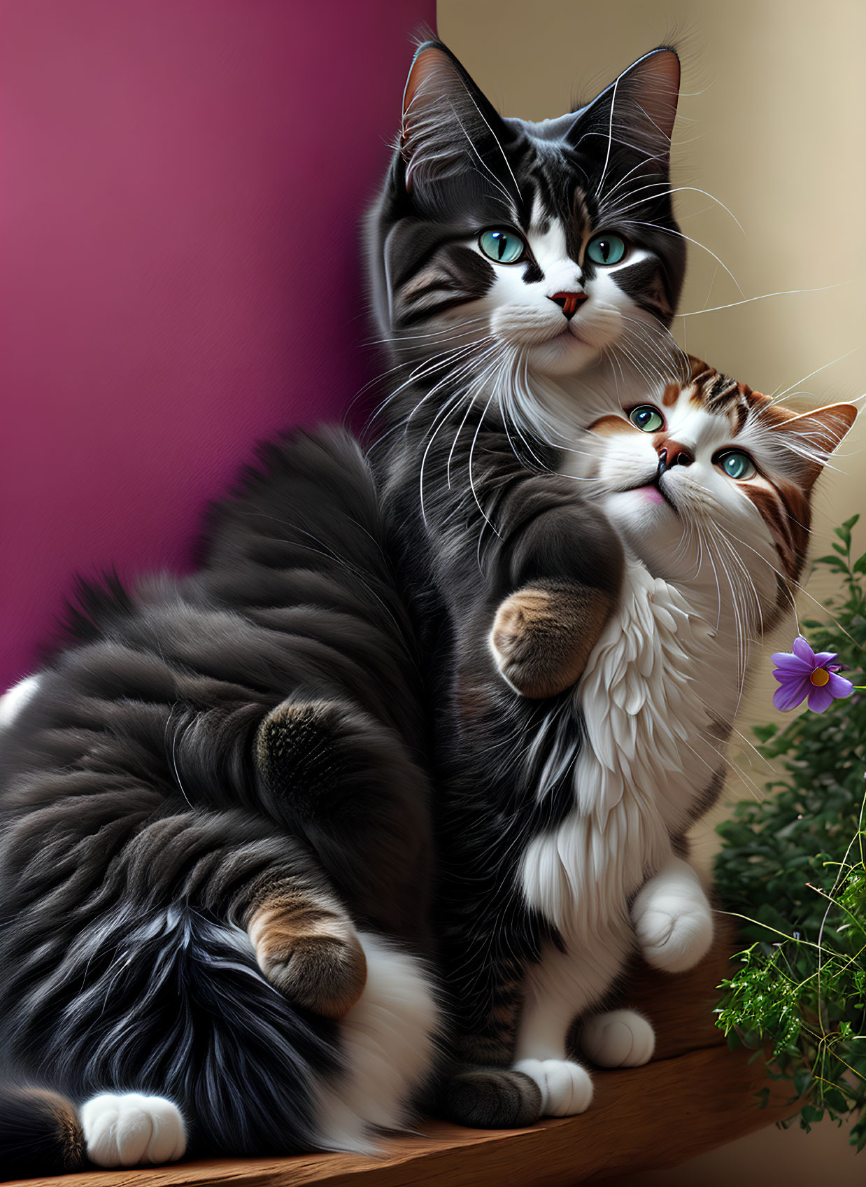 Fluffy cats with large eyes and purple flower in background