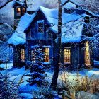 Illustration of cozy house in twilight forest with red lamp post