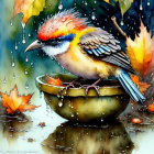 Colorful Bird Perched on Bowl with Falling Water Droplets Among Autumn Leaves
