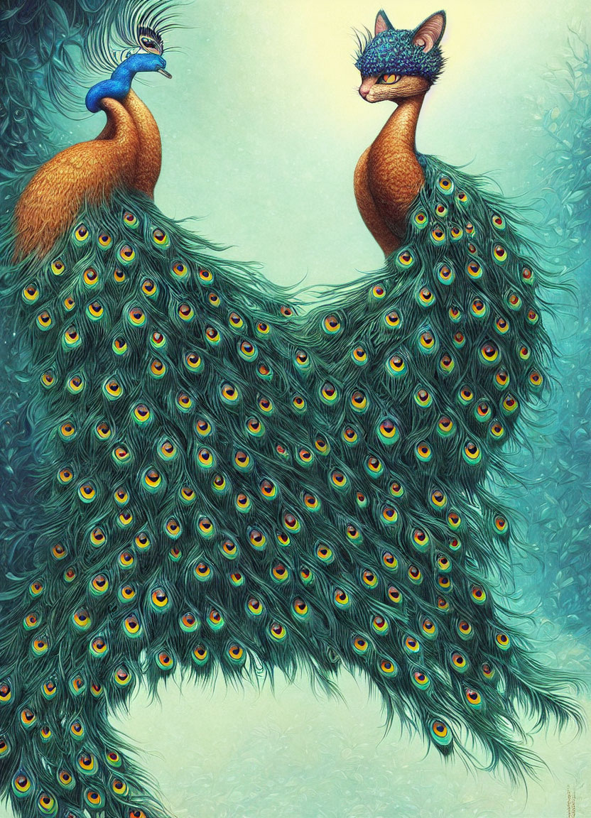 Vibrant blue and green peacocks with eye-like patterns on tails