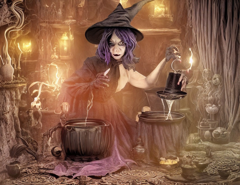 Purple-haired witch stirring cauldron in dimly lit room with skulls & candles