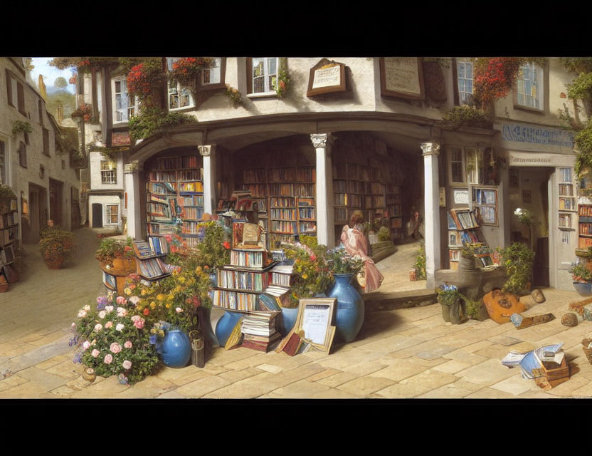 Charming bookshop on cobblestone street with books and plants.