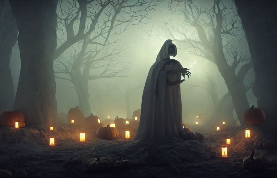 Mysterious figure in misty pumpkin patch with green glow