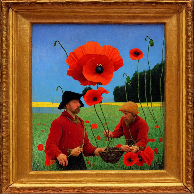 Historical men gathering oversized poppies in surreal field under blue sky