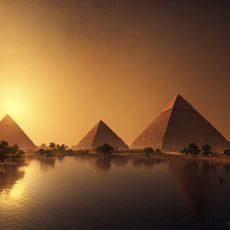 Scenic sunset view of Egyptian pyramids with water reflections and bird silhouette