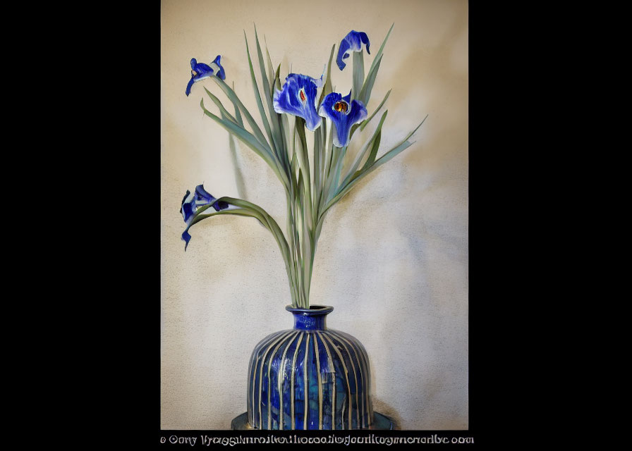 Blue and White Vase with Blue Irises on Textured Beige Wall