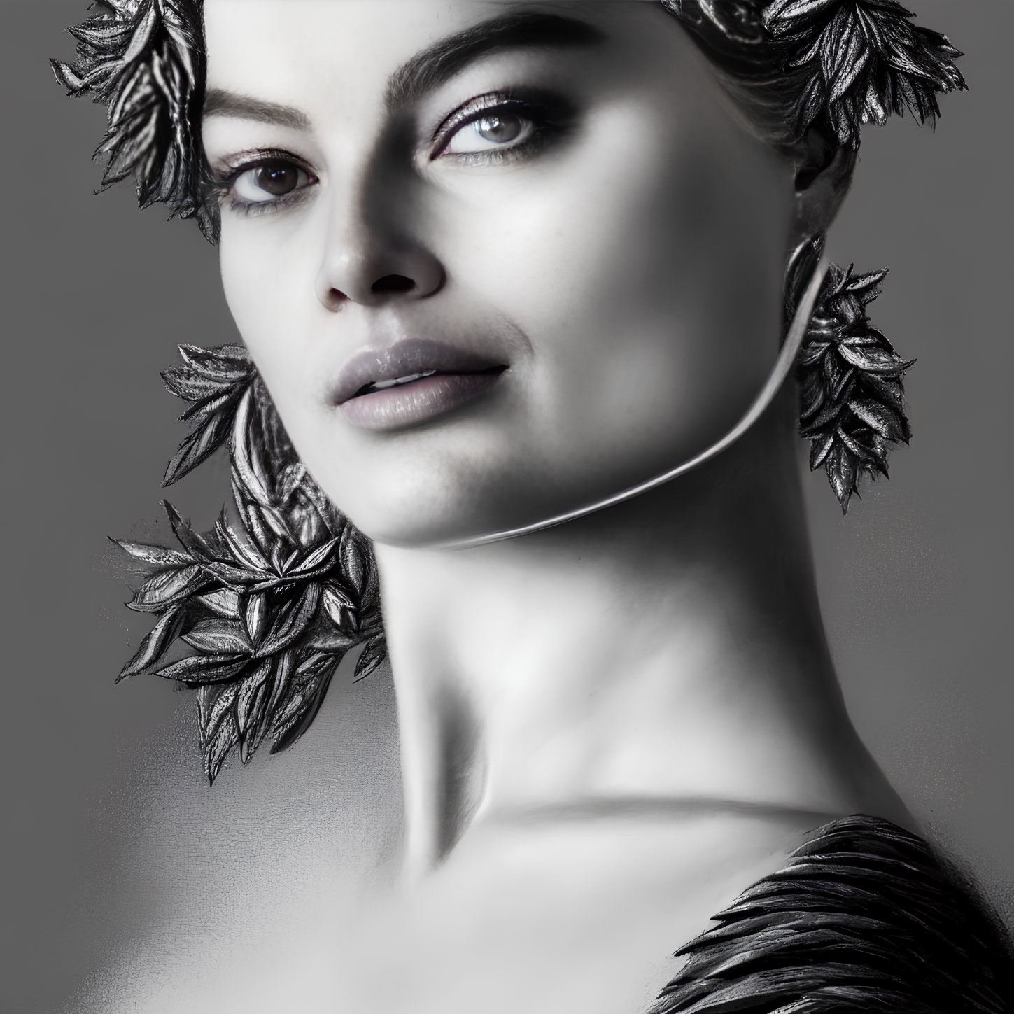 Monochrome portrait of a woman with leaf adornments