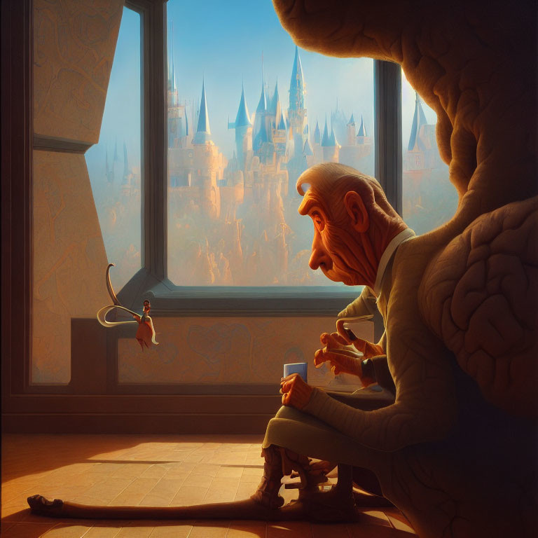 Elderly animated figure admires castle through sunlit window