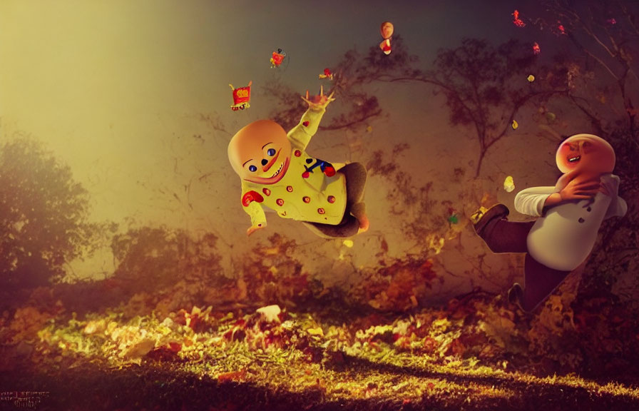 Whimsical floating babies in clown and white costumes with autumn leaves and candy