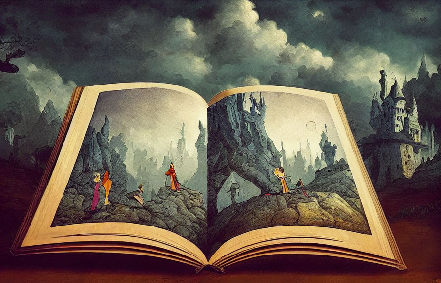 Illustrated fantasy landscape in an open book with characters, castles, and gloomy sky