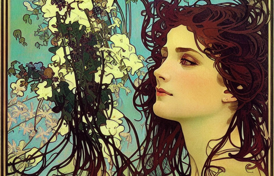 Art Nouveau Woman Illustration with Red Hair and Flowers