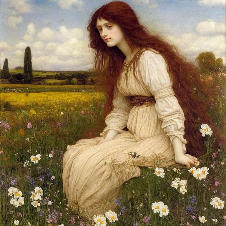 Pre-Raphaelite-style painting of woman with long red hair in meadow.