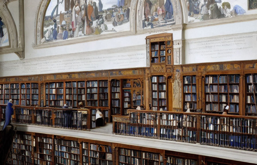 Ornate library with wooden bookshelves and patrons reading