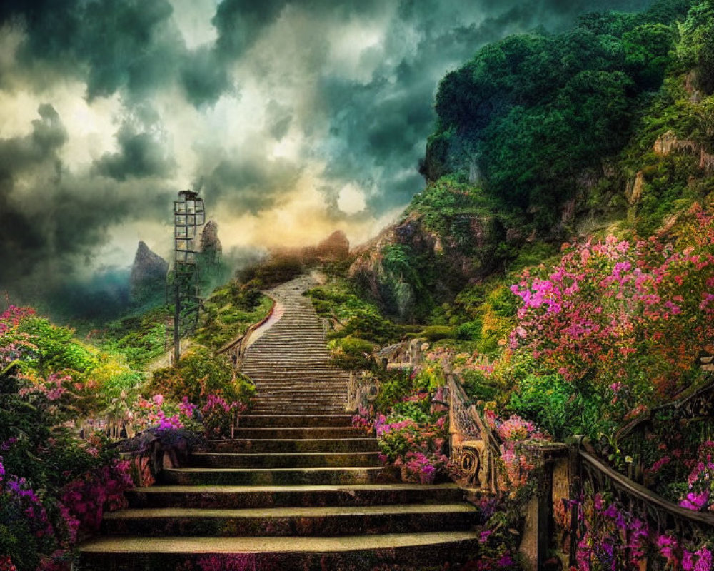 Mystical garden path with pink flowers and moss-covered steps