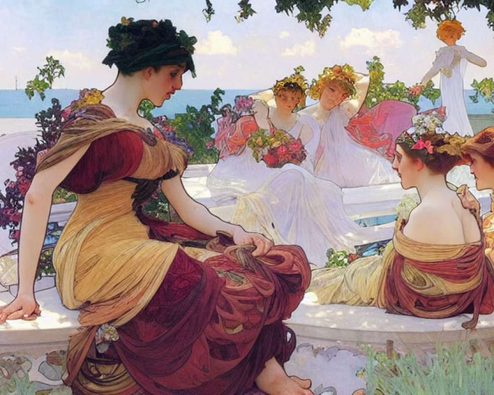 Elegantly dressed women in classical attire by seaside balustrade